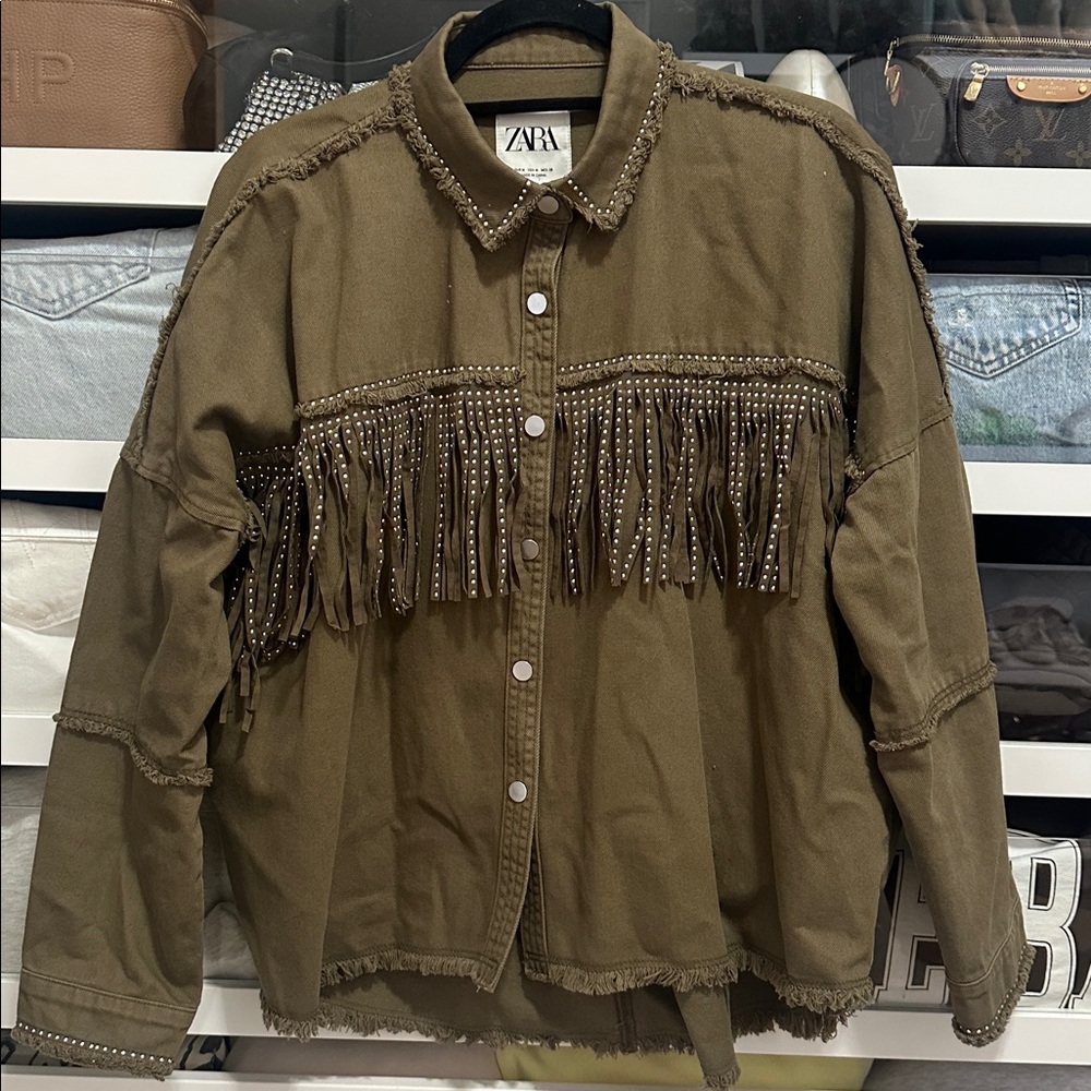 Zara Green Studded Fringe Shacket Overshirt - Picture 3 of 5